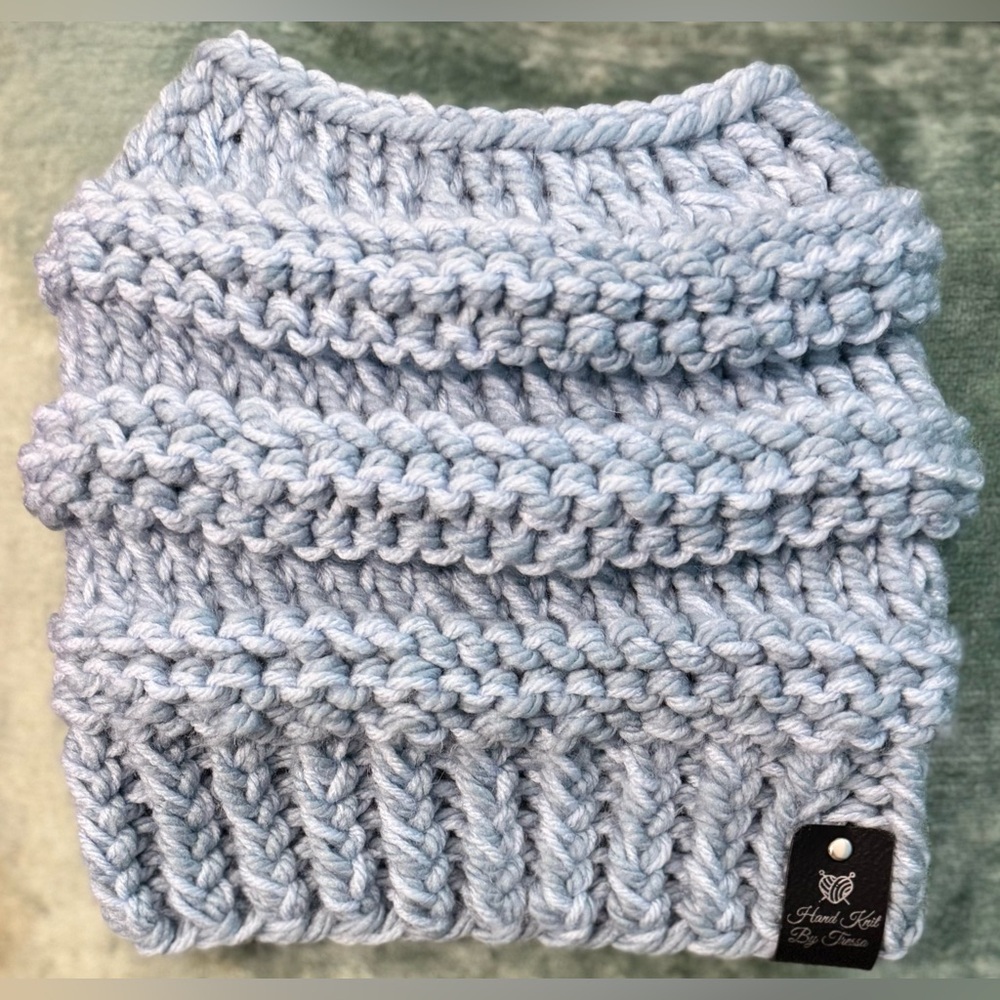 Handmade Hand Crafted Knit Messy Bun Hat adult/teen size blue